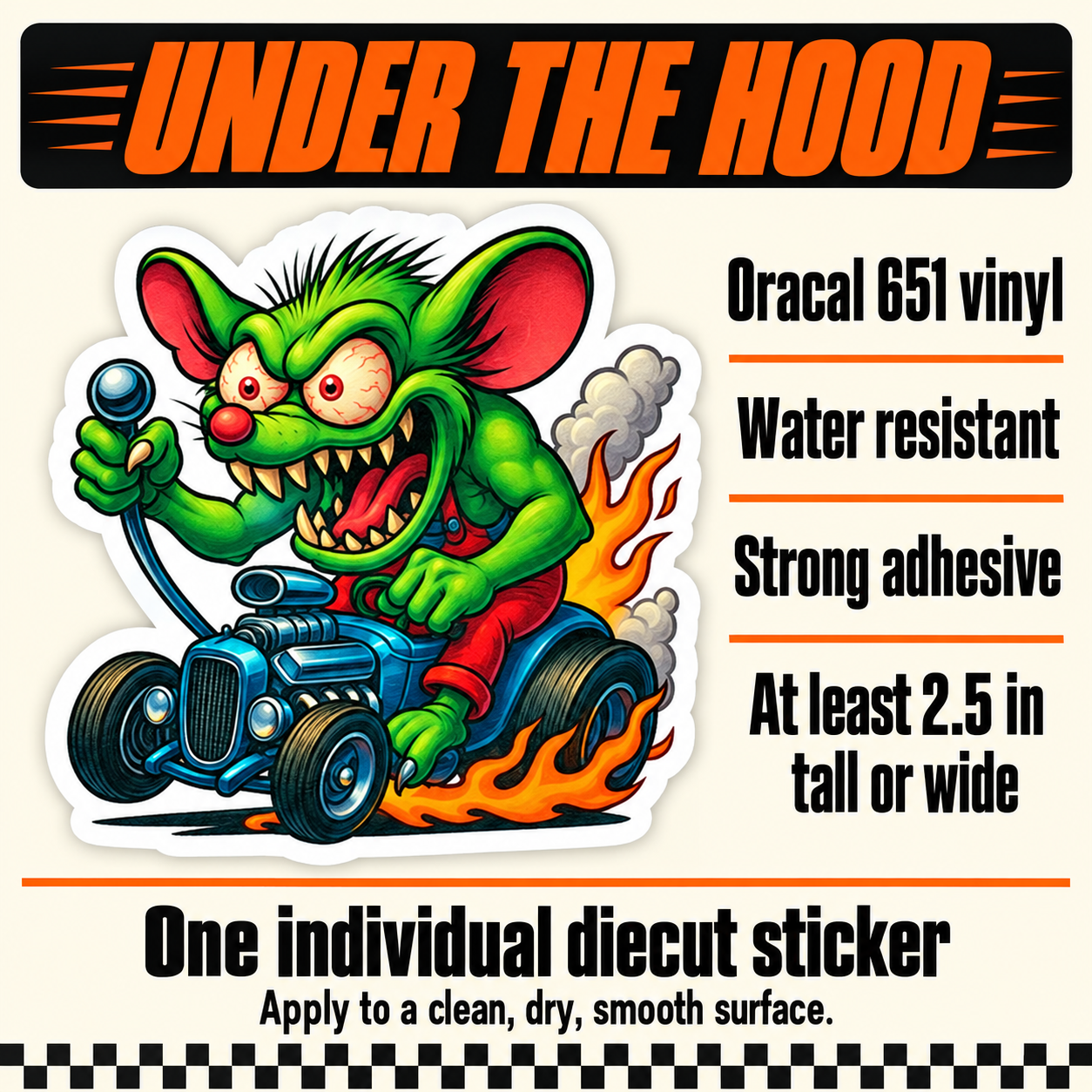 Hot-rod monster sticker vinyl, adhesive, water resistance and minimum size details.