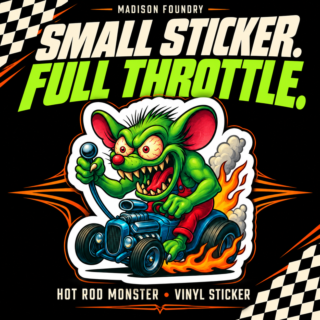 Green hot-rod monster sticker with Small Sticker. Full Throttle. racing design.