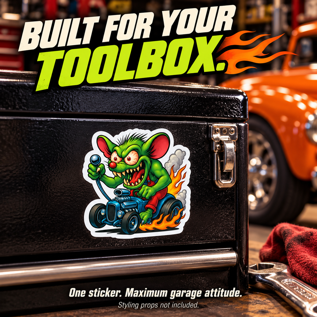 Hot-rod monster sticker styled on a black toolbox; props not included.