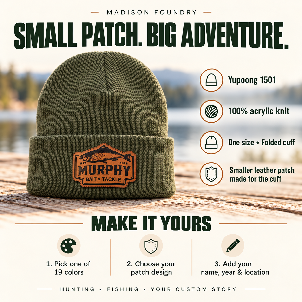 Yupoong 1501 personalized hunting and fishing beanie details and ordering guide