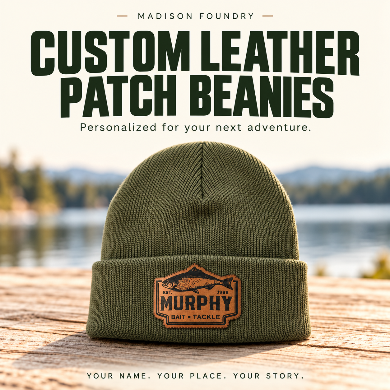 Personalized Murphy fishing leather patch on Olive Yupoong 1501 beanie