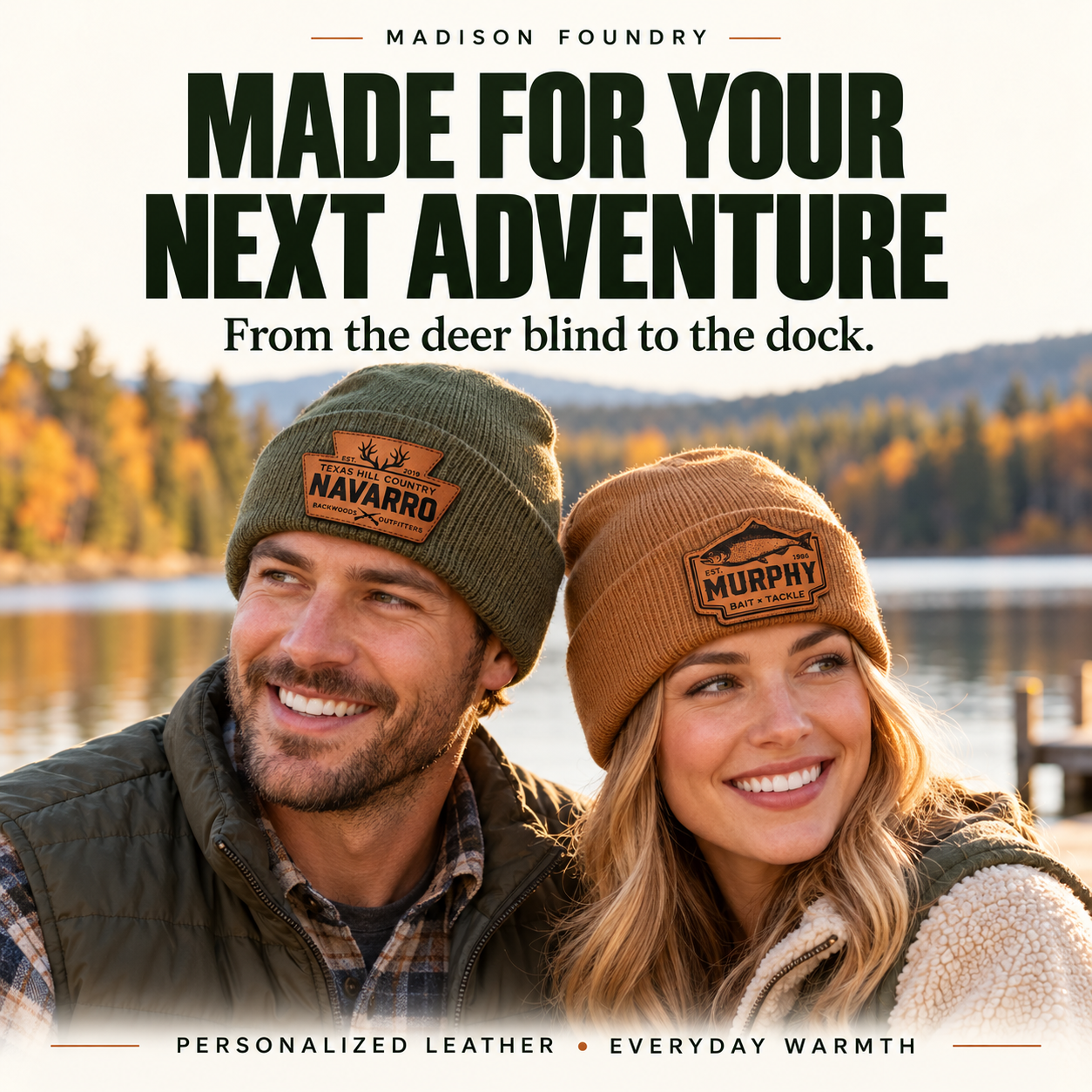 Personalized hunting and fishing beanies in Olive and Caramel
