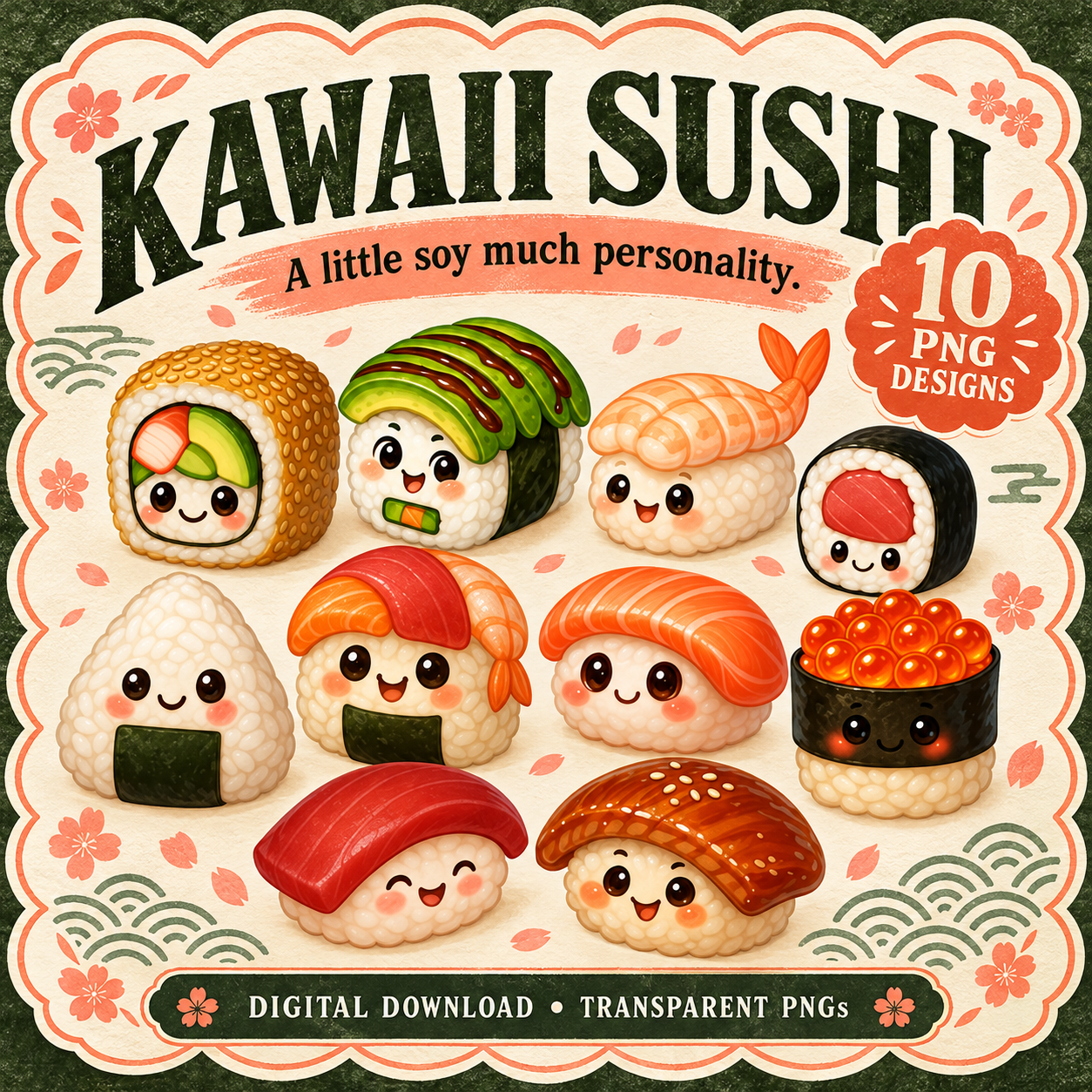Kawaii Sushi ten-piece digital PNG bundle