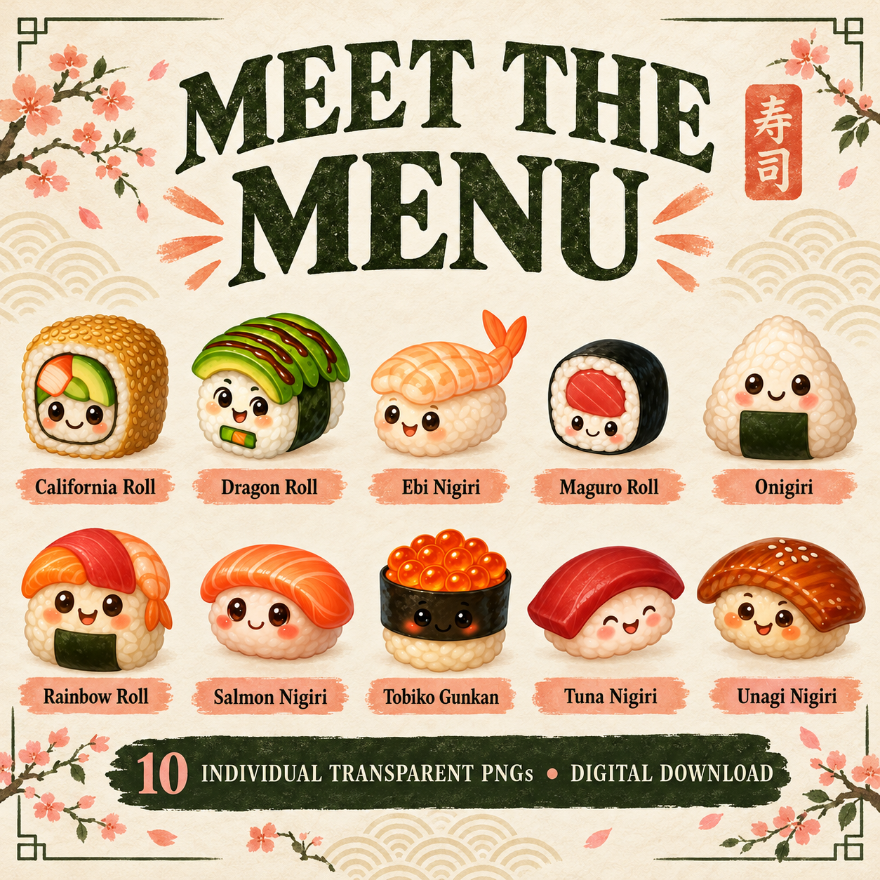 All ten included Kawaii Sushi designs