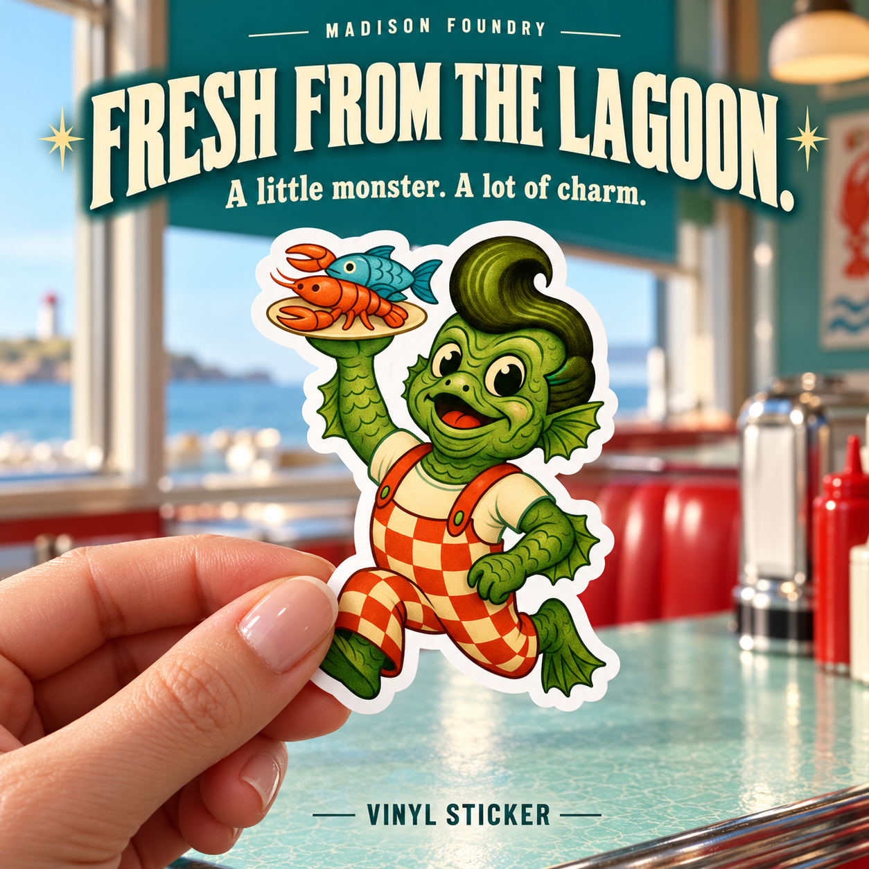Fresh from the Lagoon — hand-held creature waiter vinyl sticker