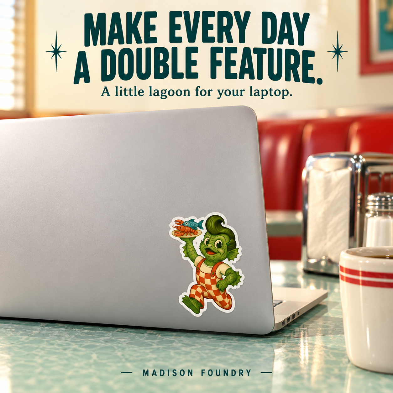 Creature waiter sticker on a laptop at a retro diner