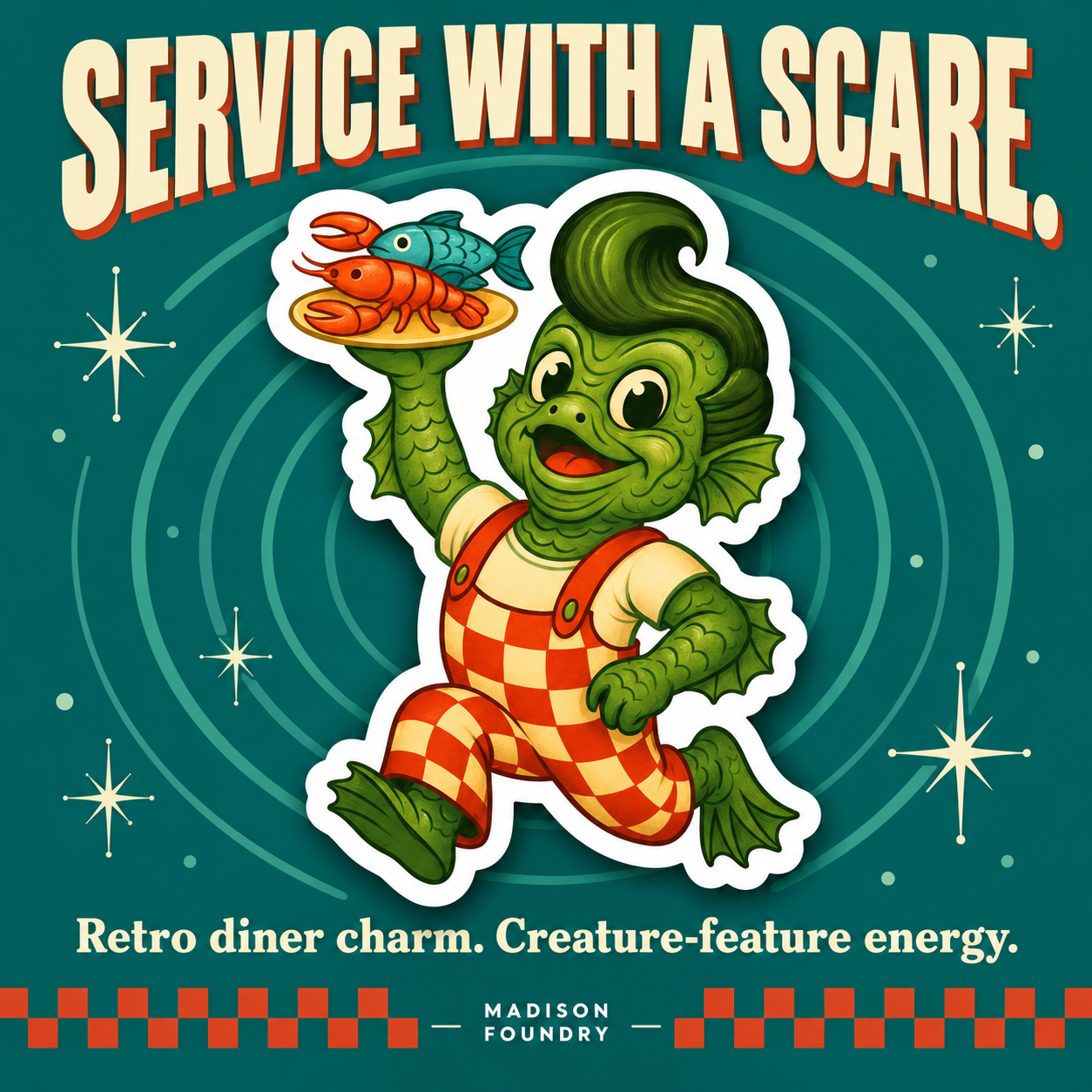 Service with a Scare — retro creature waiter sticker spotlight