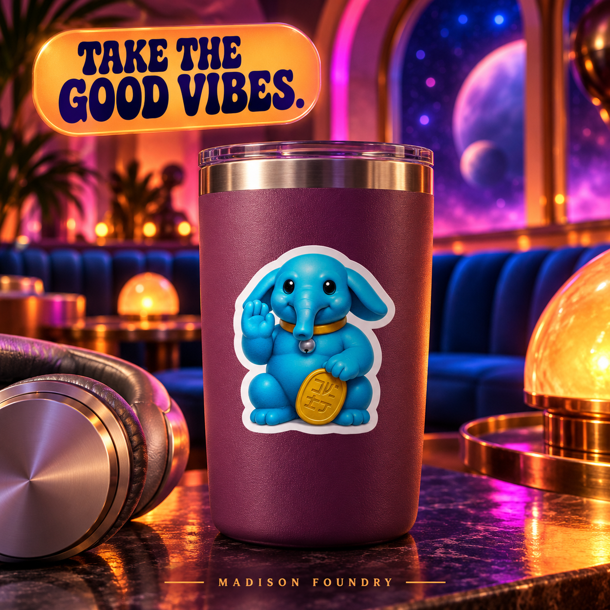 Lucky elephant sticker on plum tumbler in galactic lounge