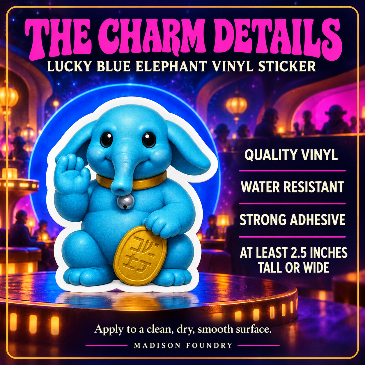Lucky blue elephant vinyl sticker specifications