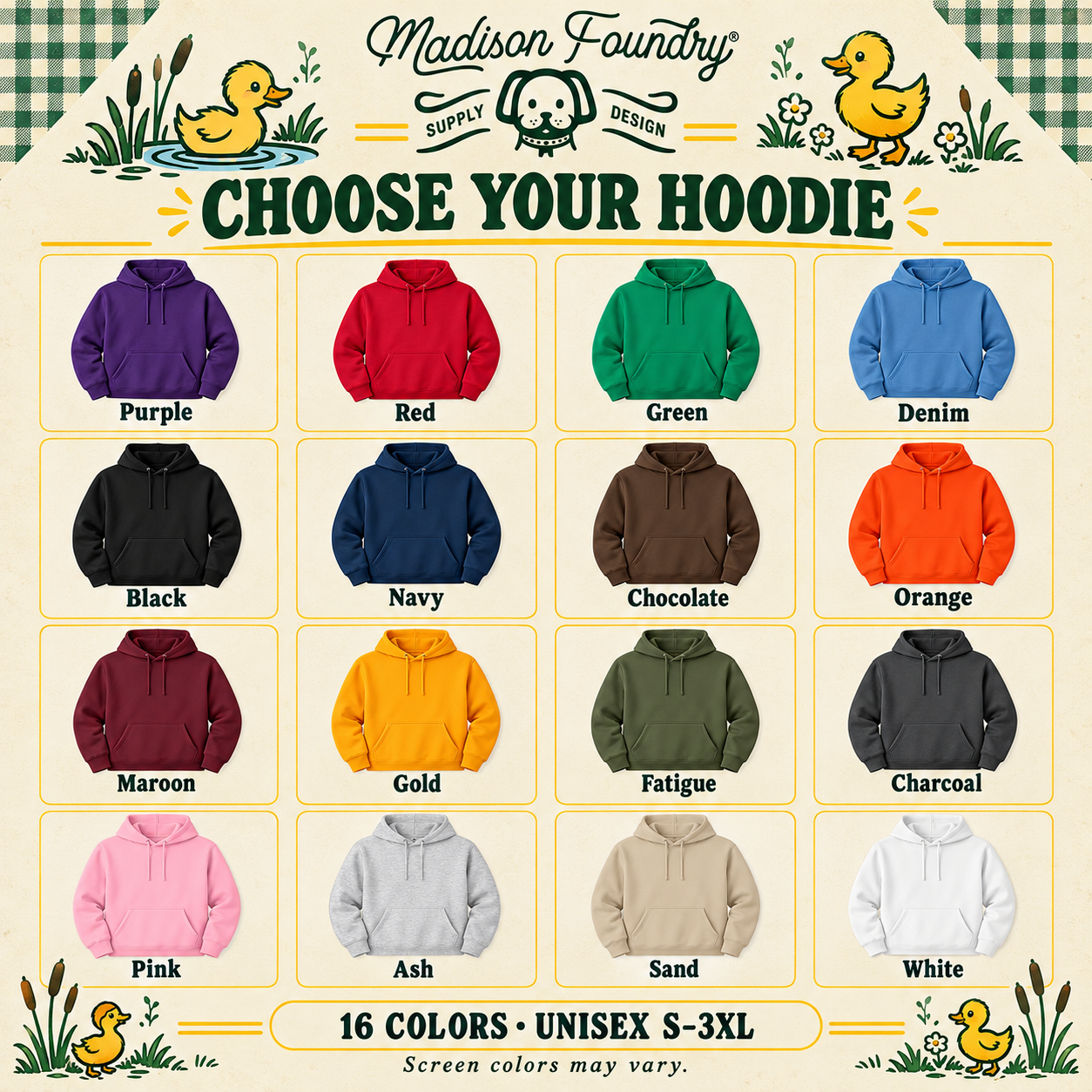Sixteen hoodie color options with retro duck illustrations and green gingham accents