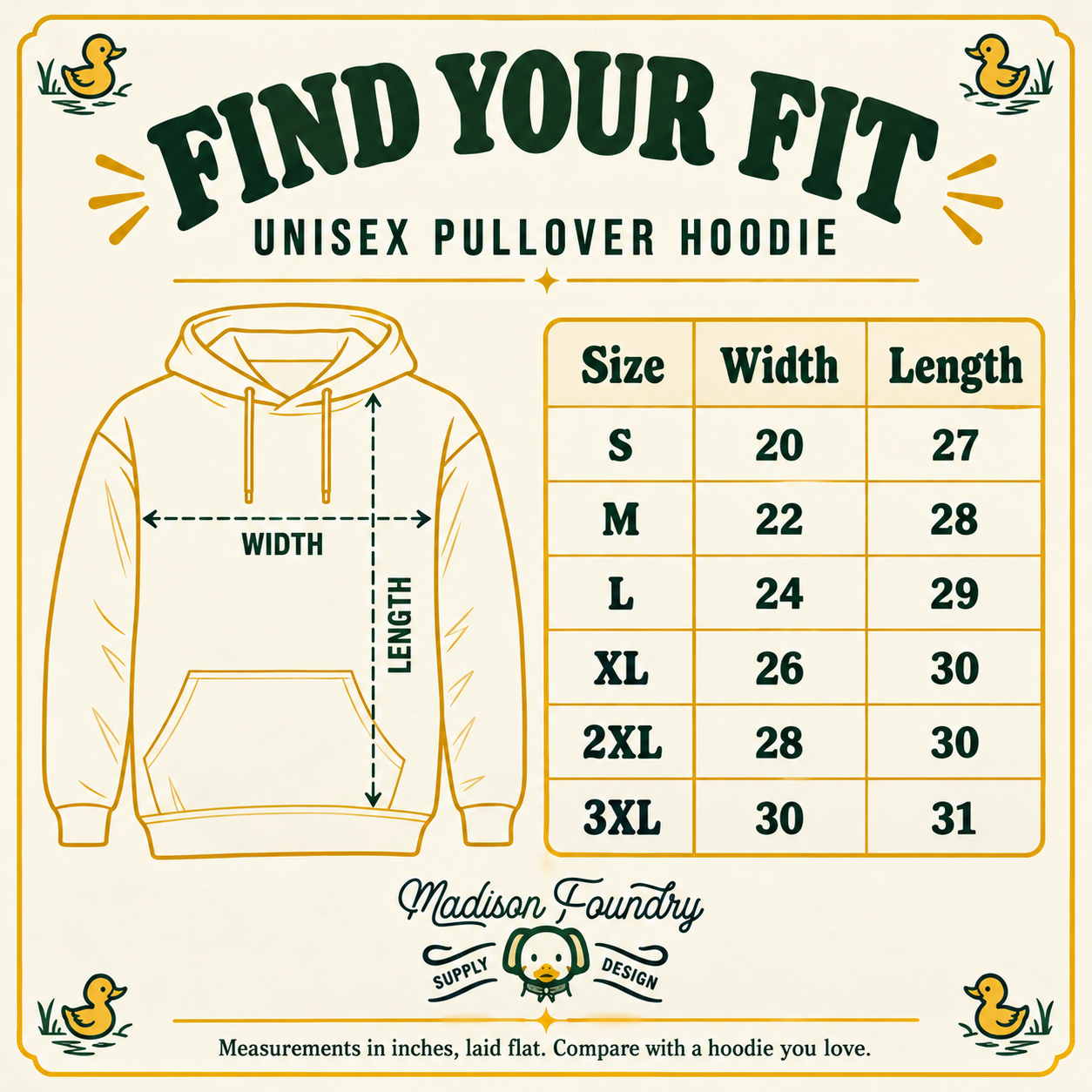 Lucky Duck unisex hoodie size chart S through 3XL with flat width and length in inches