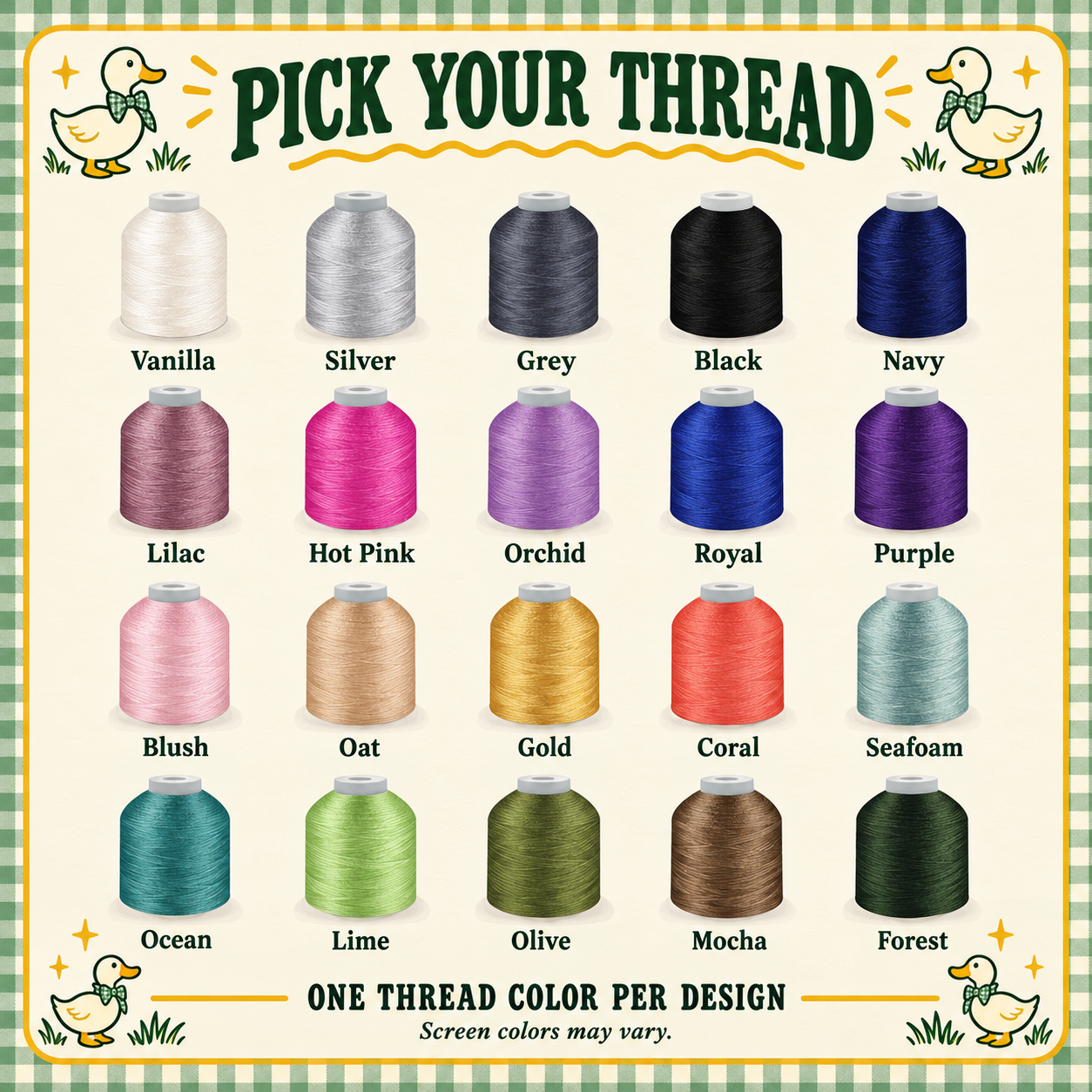 Twenty embroidery thread colors on a Lucky Duck gingham chart