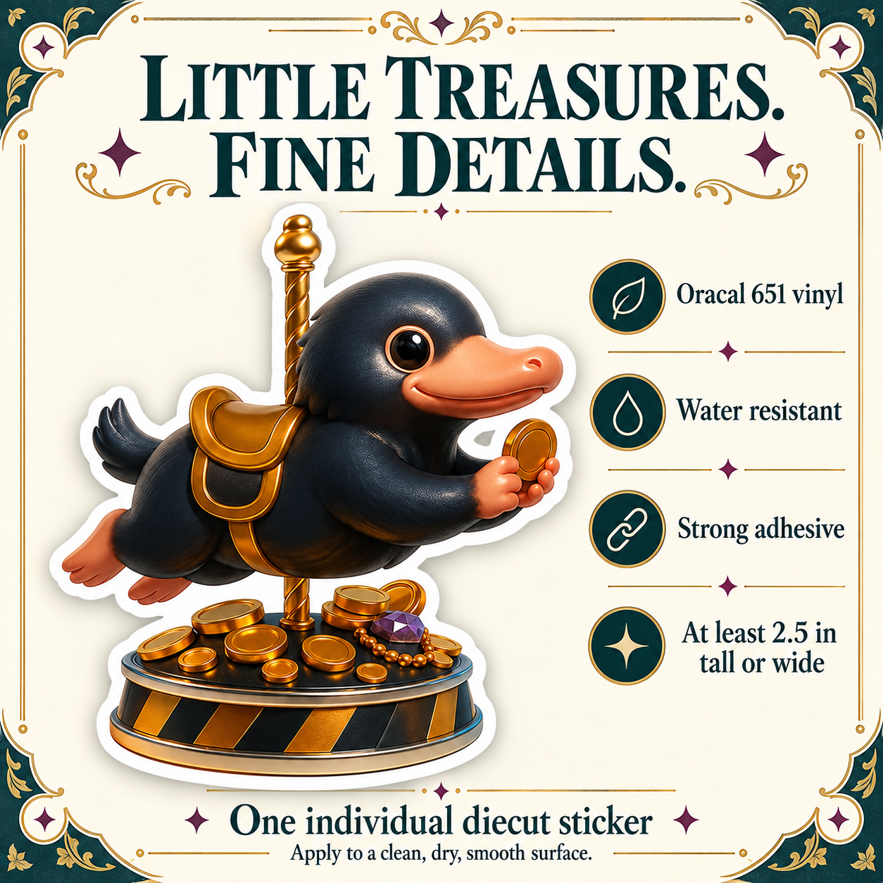 Magical Carousel vinyl sticker material, adhesive, water resistance and minimum size details.