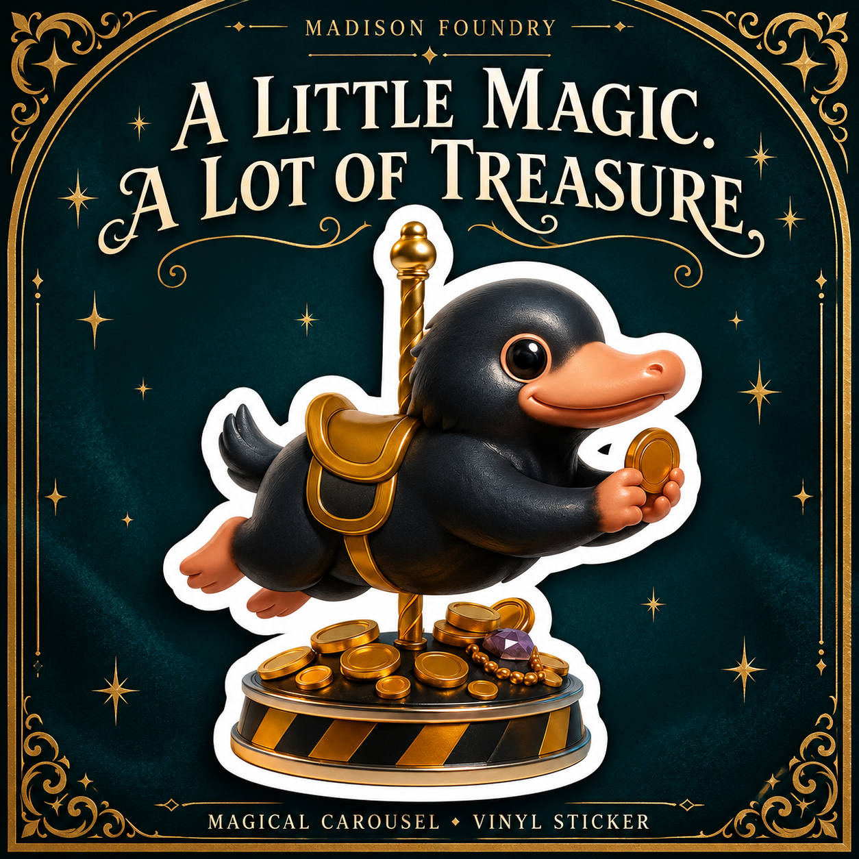 Magical Carousel sticker with A Little Magic. A Lot of Treasure. teal and gold design.