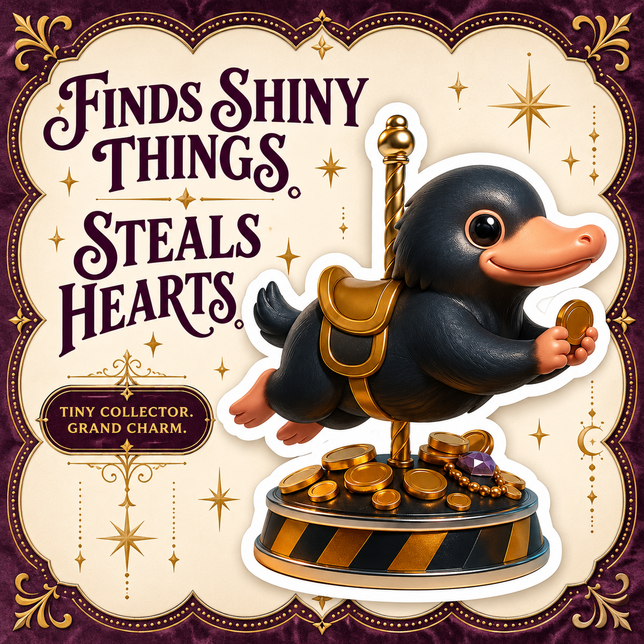 Coin-collecting magical creature carousel sticker; Finds Shiny Things. Steals Hearts.