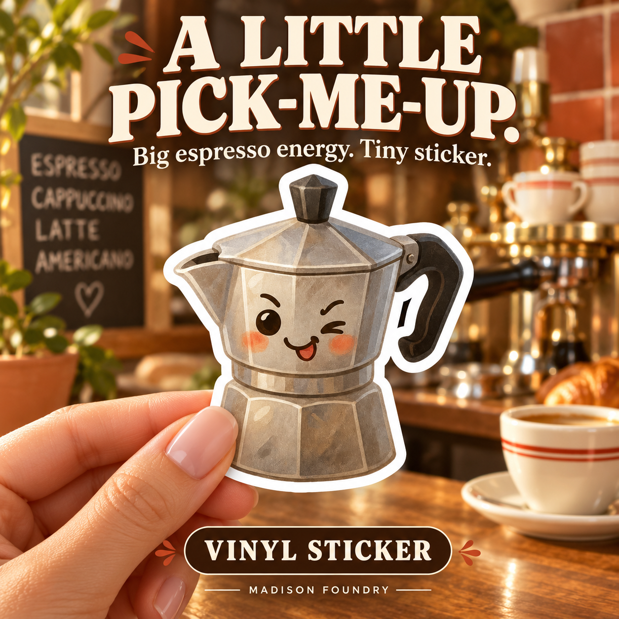 A Little Pick-Me-Up — hand-held cute moka pot vinyl sticker