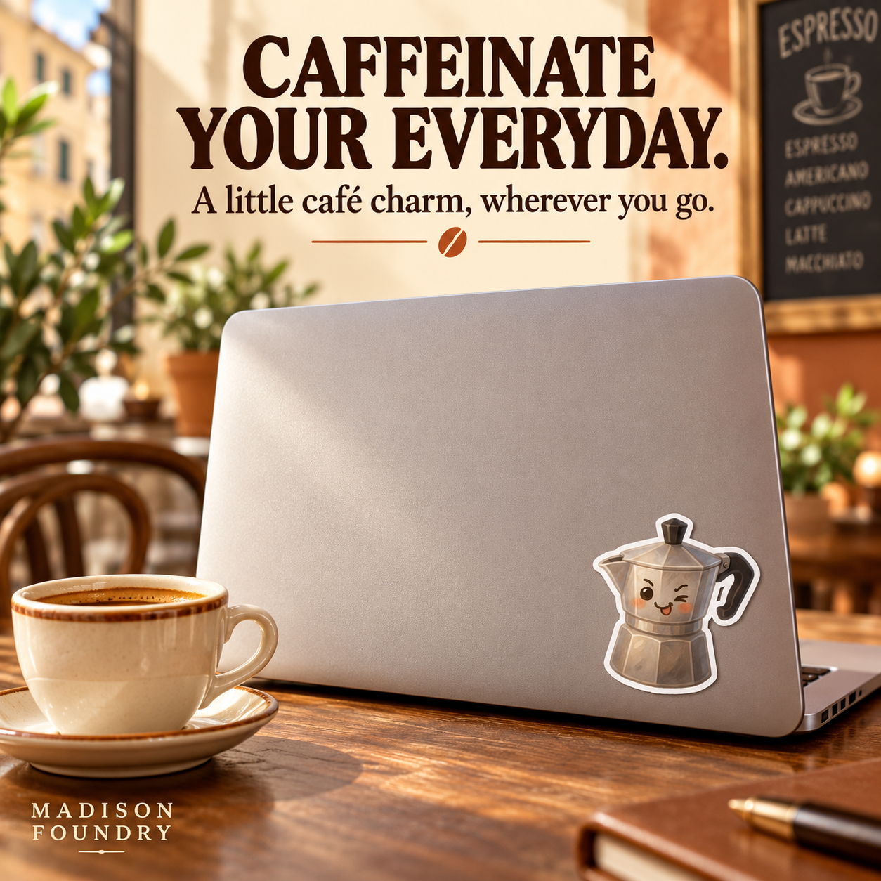 Caffeinate Your Everyday — moka pot sticker on cafe laptop