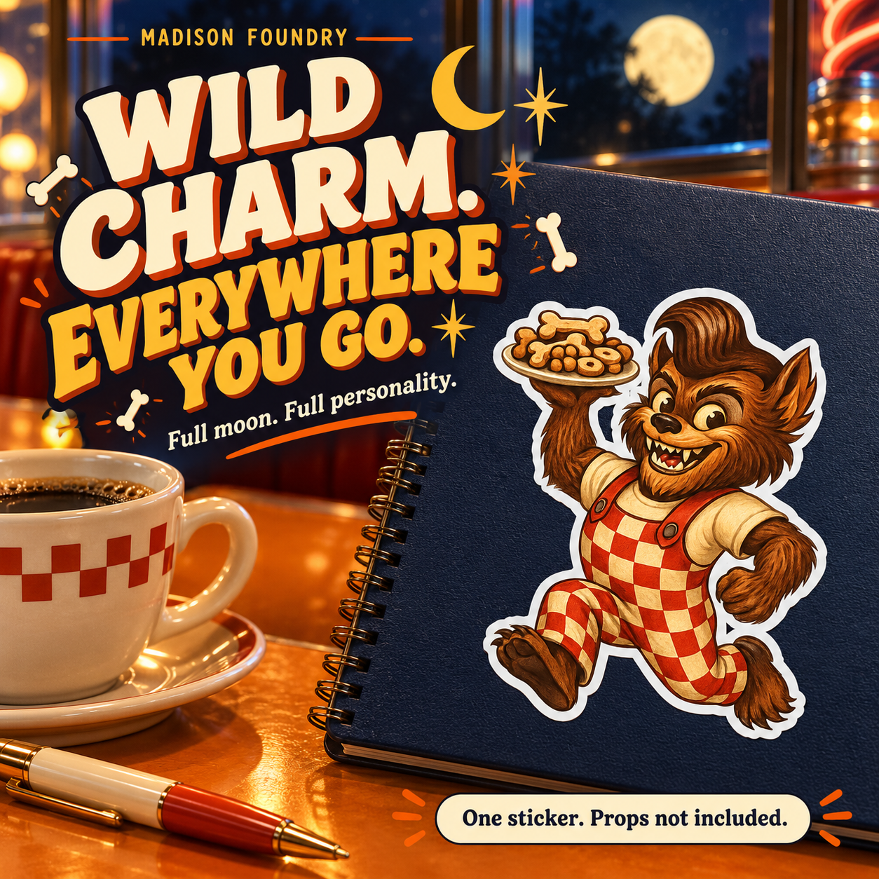 Wolf Man Monster Diner vinyl sticker — lifestyle