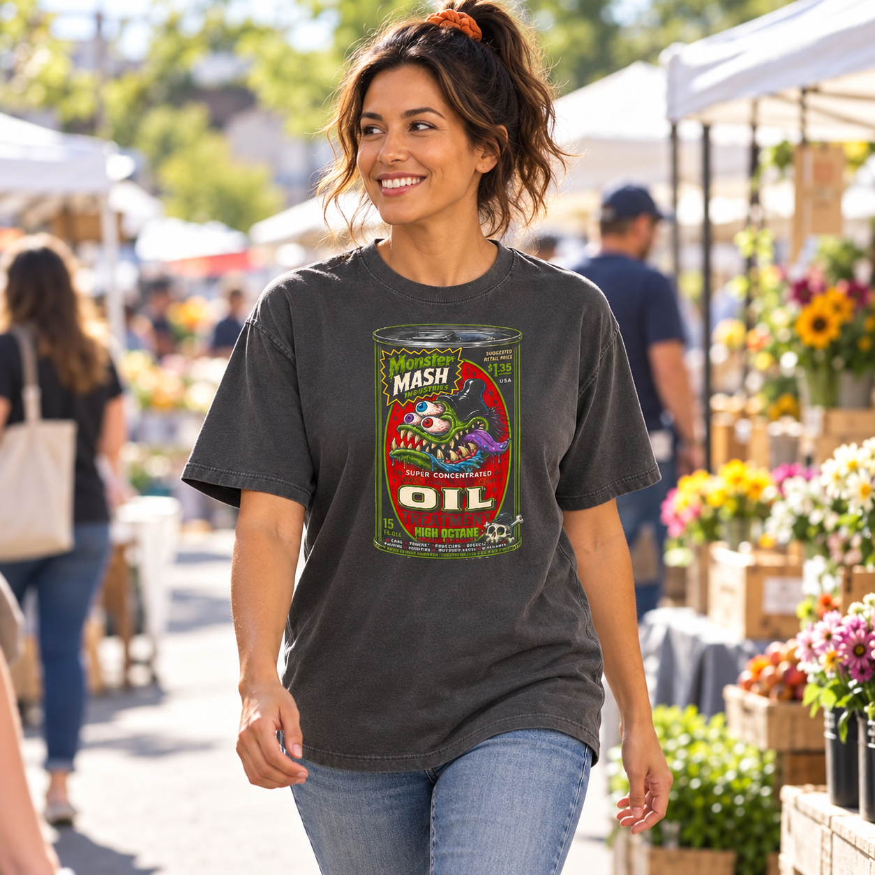 Monster Mash Oil Treatment tee — woman walking through an outdoor market