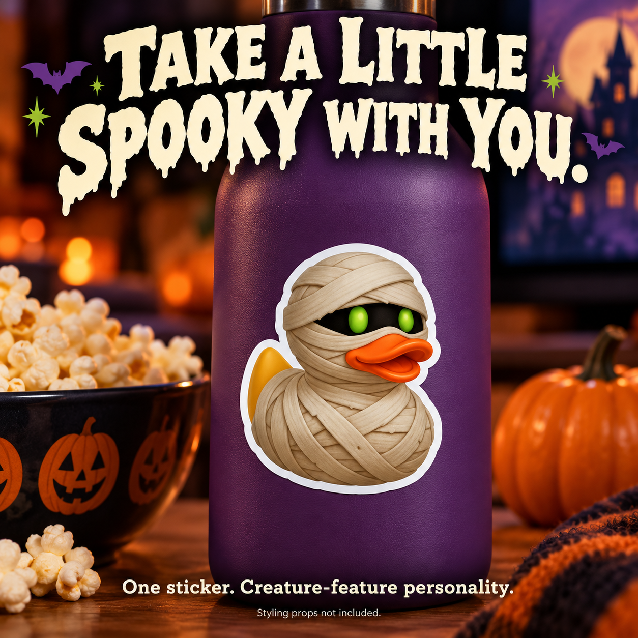 Mummy Duck sticker styled on a purple bottle during Halloween movie night; props not included.
