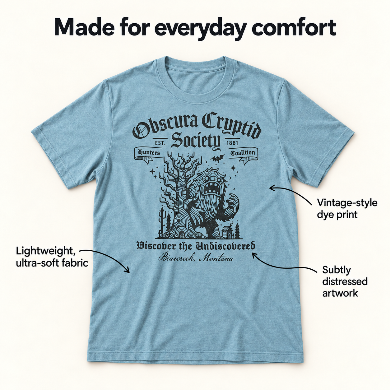 Obscura Cryptid Society tri-blend tee details