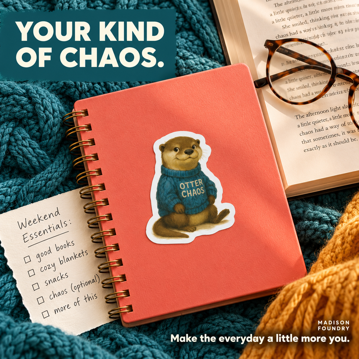 Otter Chaos on coral journal with cozy knit blanket