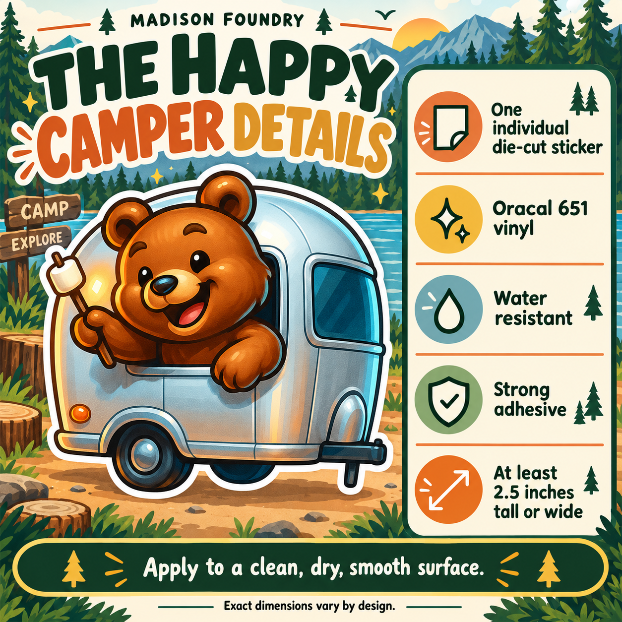 Bear Camper vinyl sticker — Oracal 651 vinyl, water resistance, adhesive and minimum size details