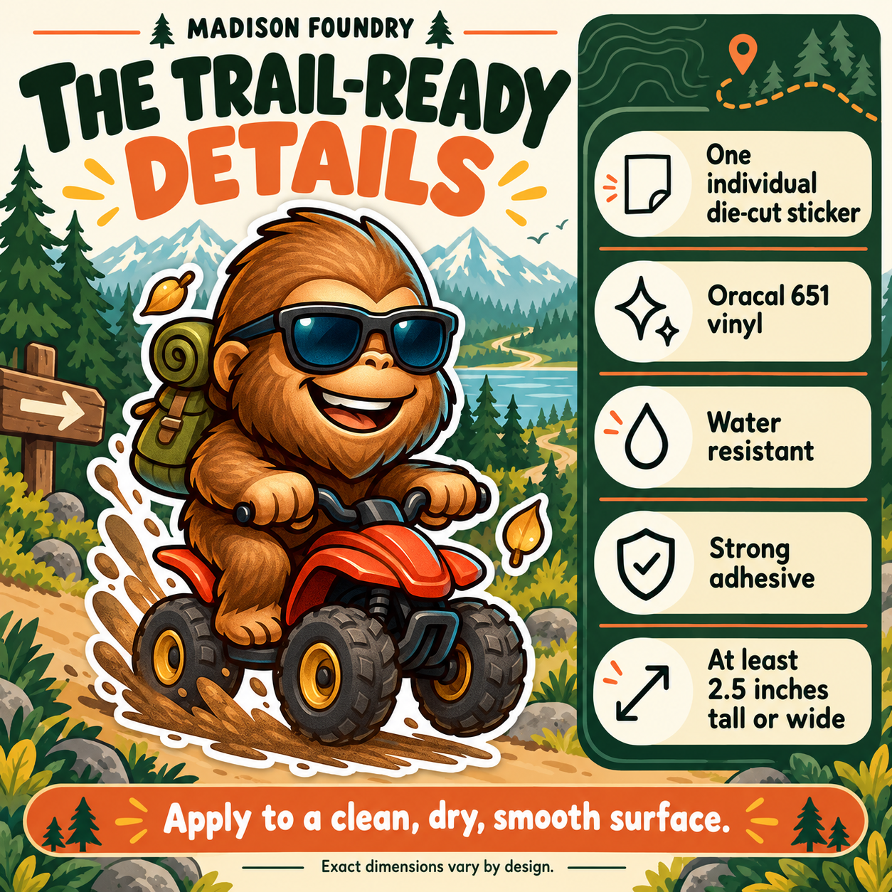 Bigfoot ATV vinyl sticker — Oracal 651 vinyl, water resistance, adhesive and minimum size details