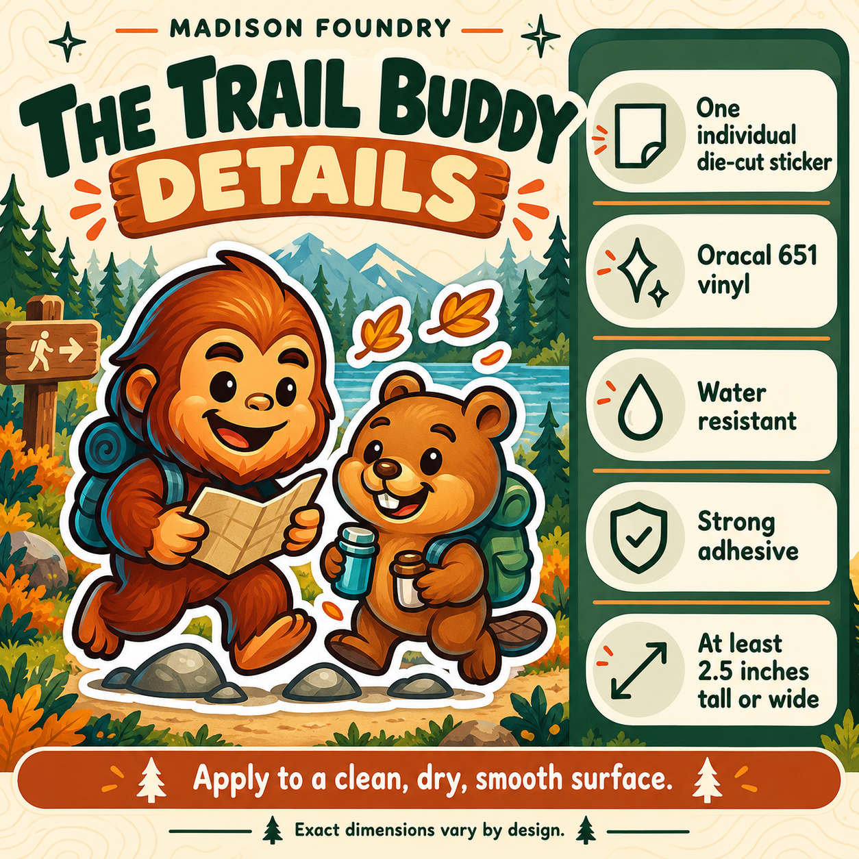 Bigfoot & Beaver Hiking vinyl sticker — Oracal 651 vinyl, water resistance, adhesive and minimum size details