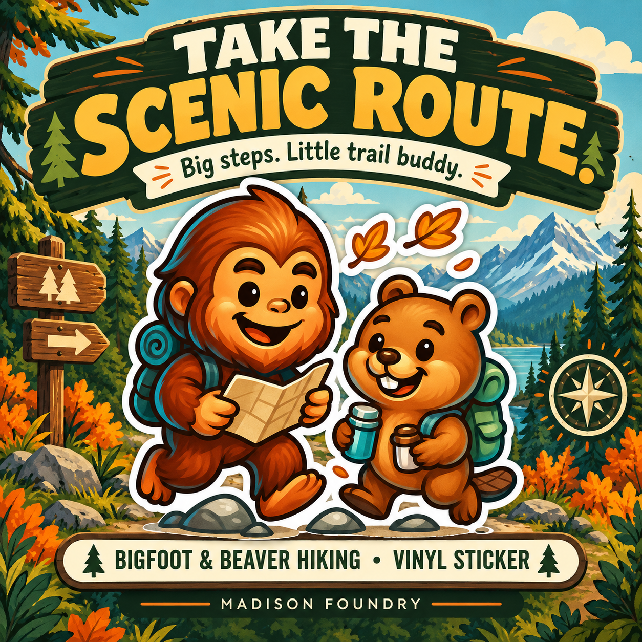 Bigfoot & Beaver Hiking vinyl sticker — hero slide