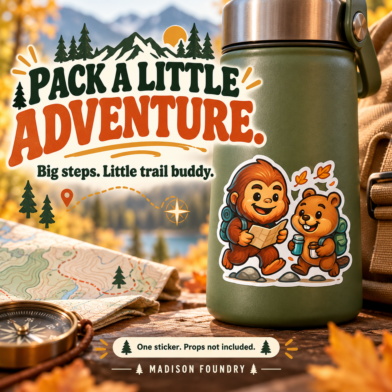Bigfoot & Beaver Hiking vinyl sticker — lifestyle slide