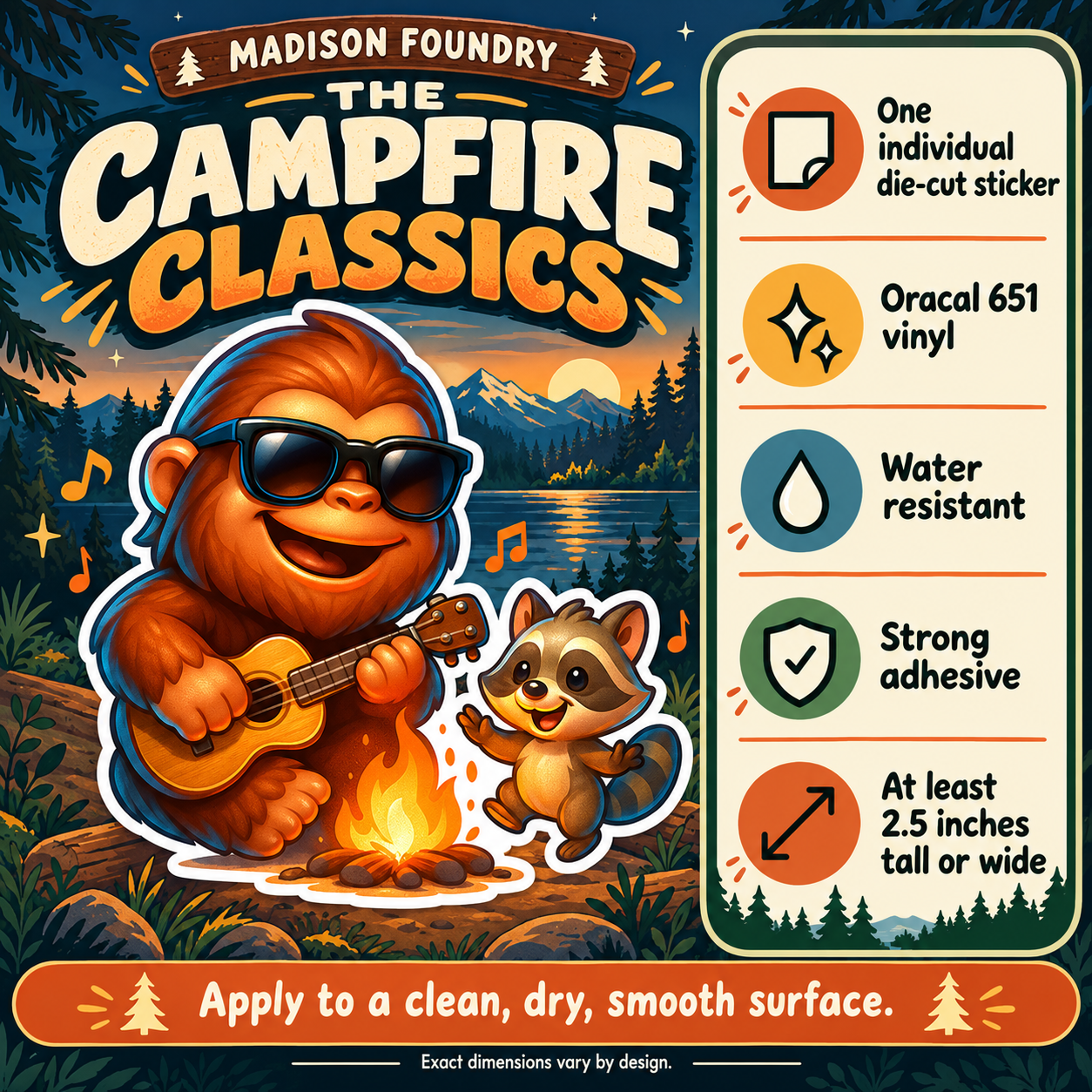 Bigfoot Campfire Ukulele vinyl sticker — Oracal 651 vinyl, water resistance, adhesive and minimum size details