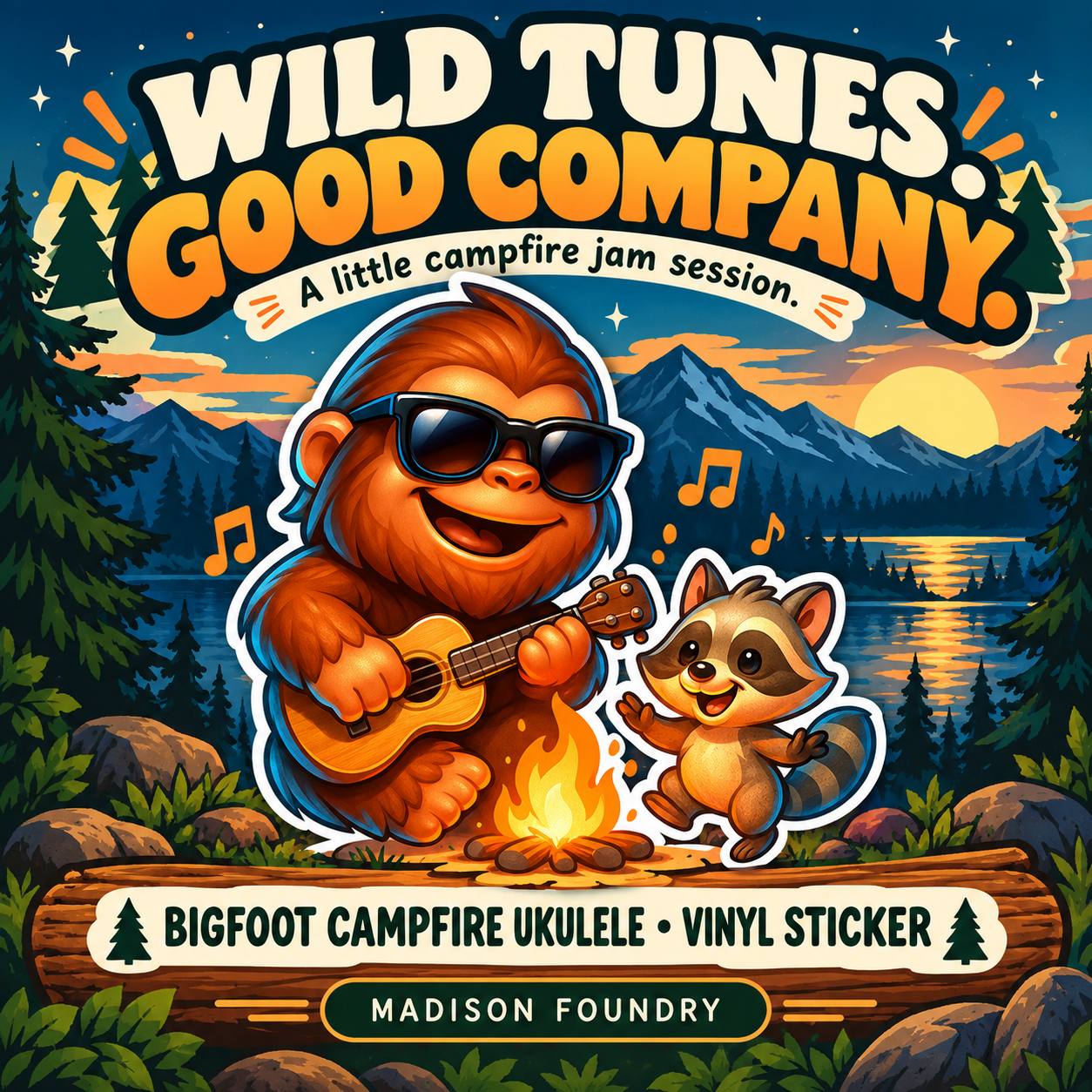 Bigfoot Campfire Ukulele vinyl sticker — hero slide