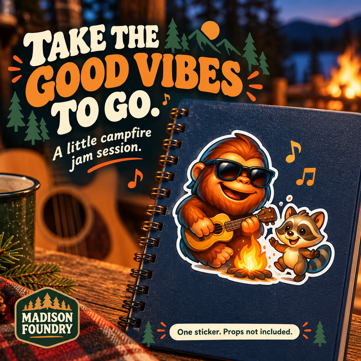 Bigfoot Campfire Ukulele vinyl sticker — lifestyle slide