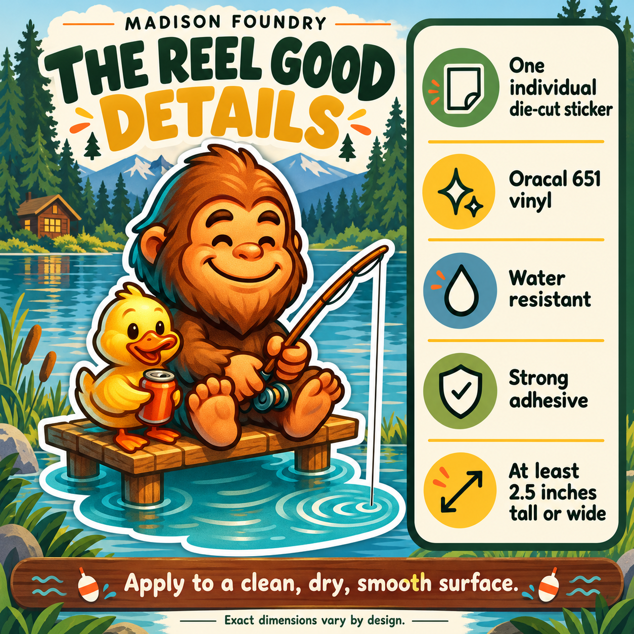 Bigfoot & Duck Fishing vinyl sticker — Oracal 651 vinyl, water resistance, adhesive and minimum size details