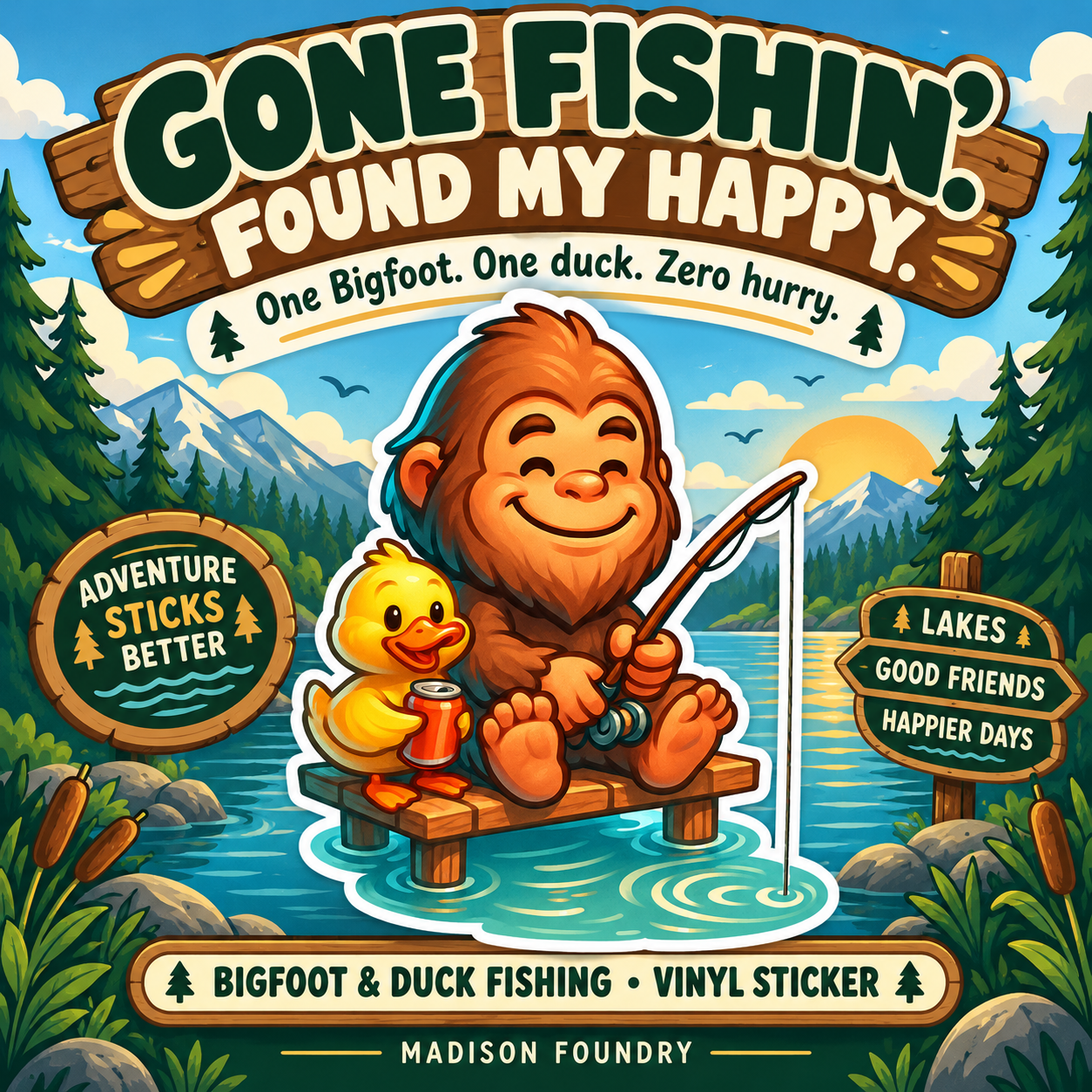 Bigfoot & Duck Fishing vinyl sticker — hero slide