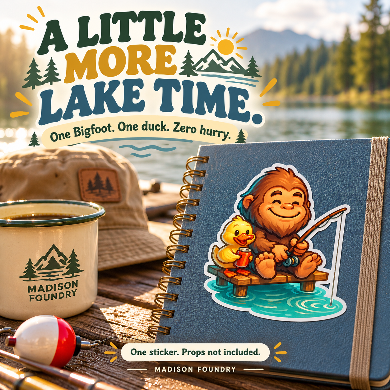 Bigfoot & Duck Fishing vinyl sticker — lifestyle slide