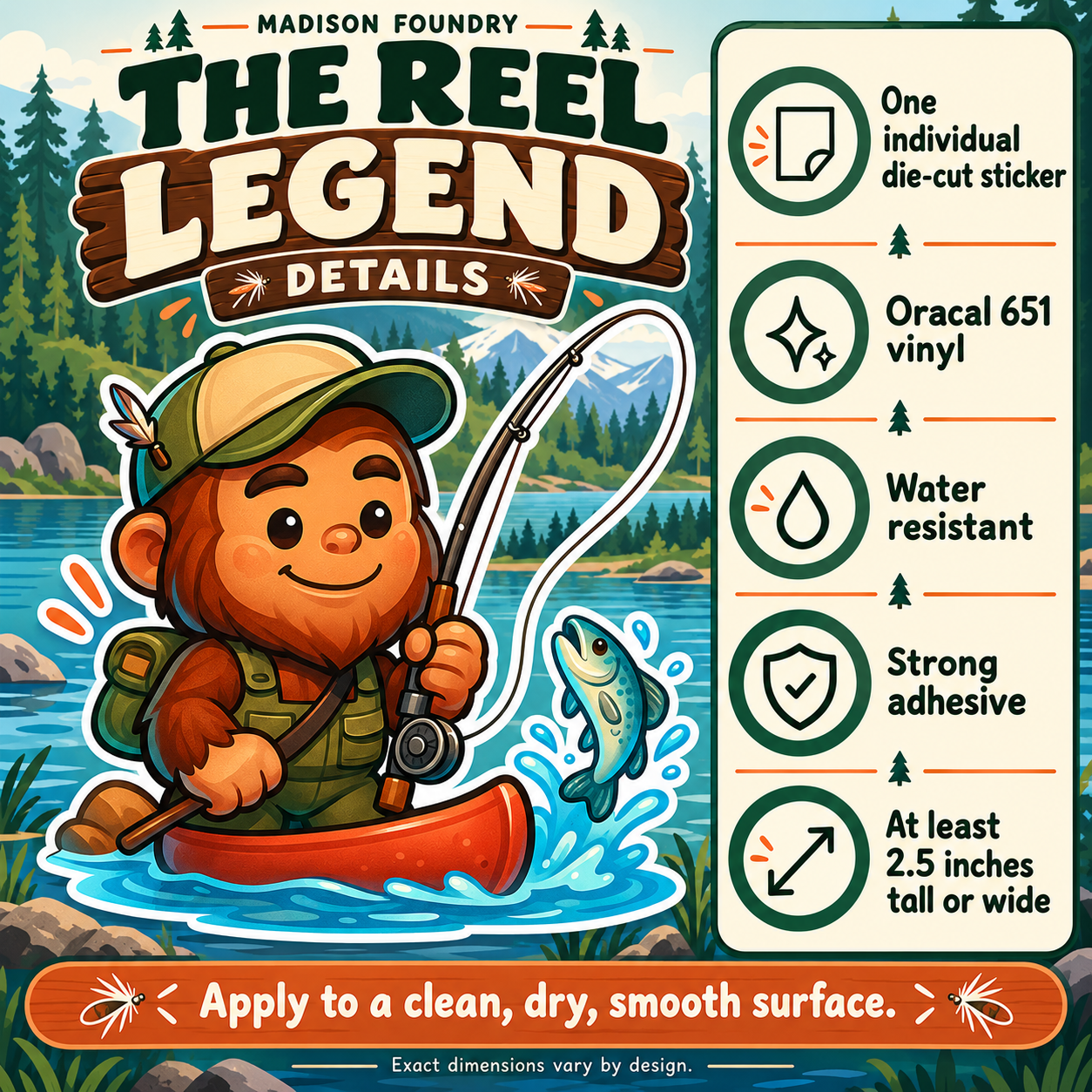 Bigfoot Fishing Canoe vinyl sticker — Oracal 651 vinyl, water resistance, adhesive and minimum size details