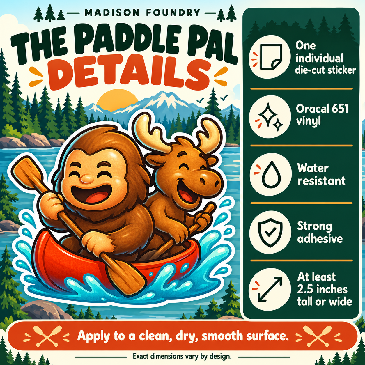 Bigfoot & Moose Canoe vinyl sticker — Oracal 651 vinyl, water resistance, adhesive and minimum size details