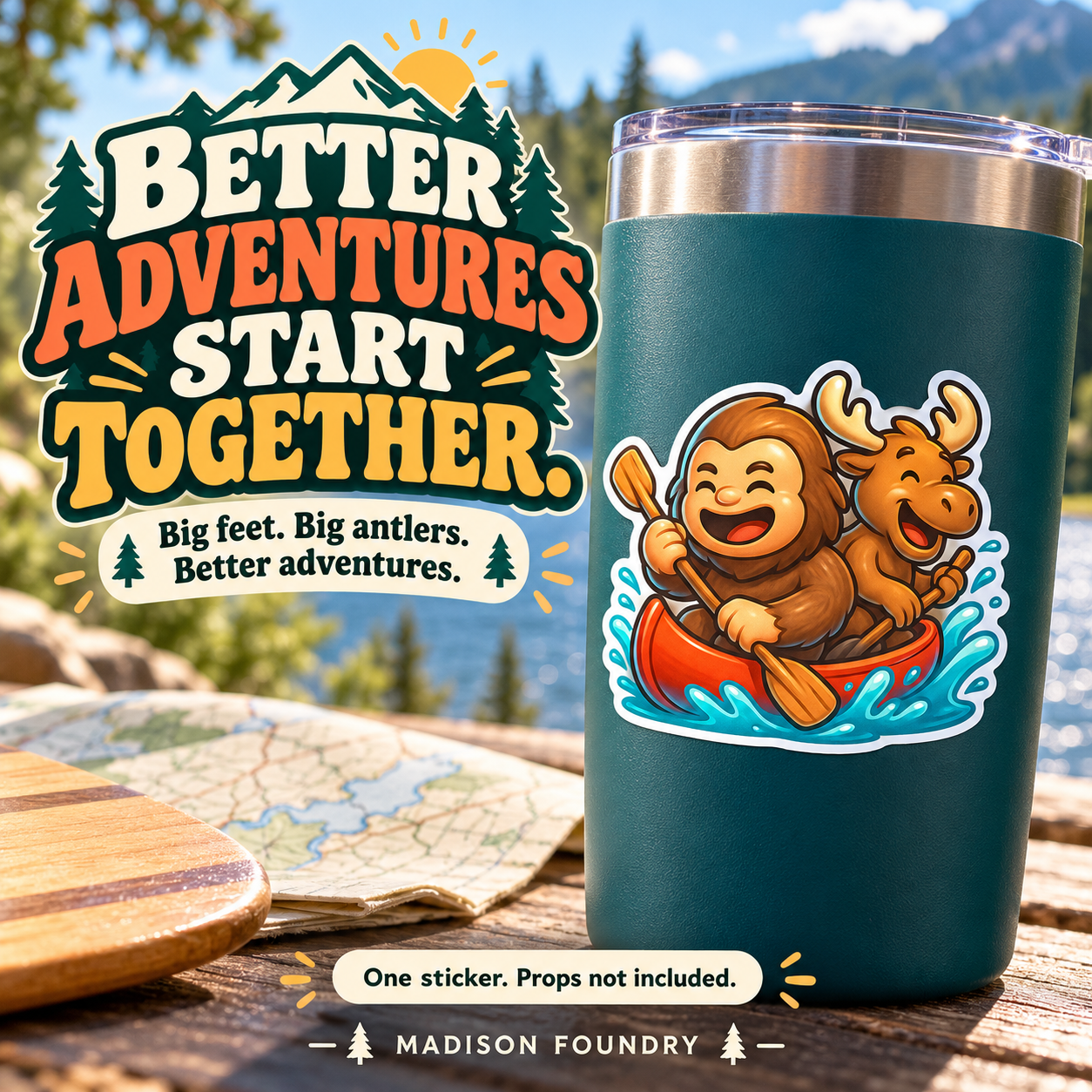 Bigfoot & Moose Canoe vinyl sticker — lifestyle slide