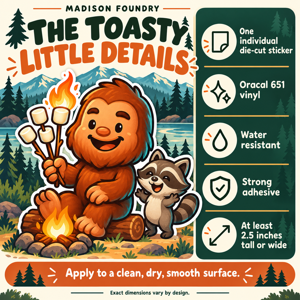 Bigfoot & Raccoon Campfire vinyl sticker — Oracal 651 vinyl, water resistance, adhesive and minimum size details