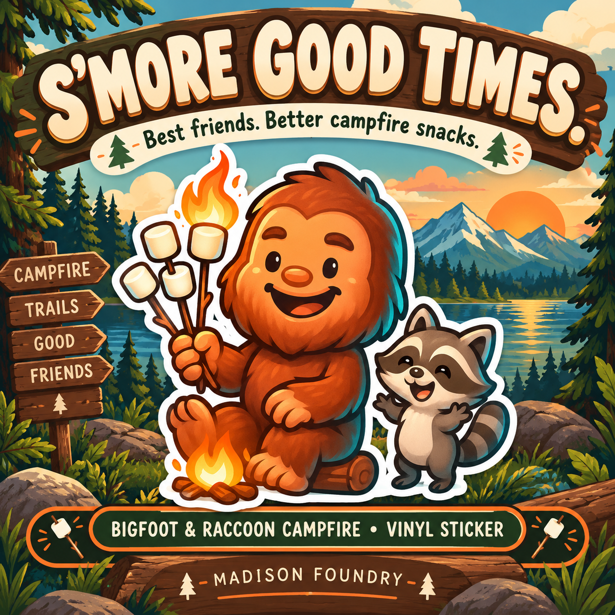 Bigfoot & Raccoon Campfire vinyl sticker — hero slide