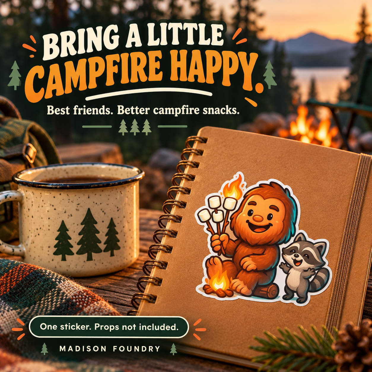 Bigfoot & Raccoon Campfire vinyl sticker — lifestyle slide