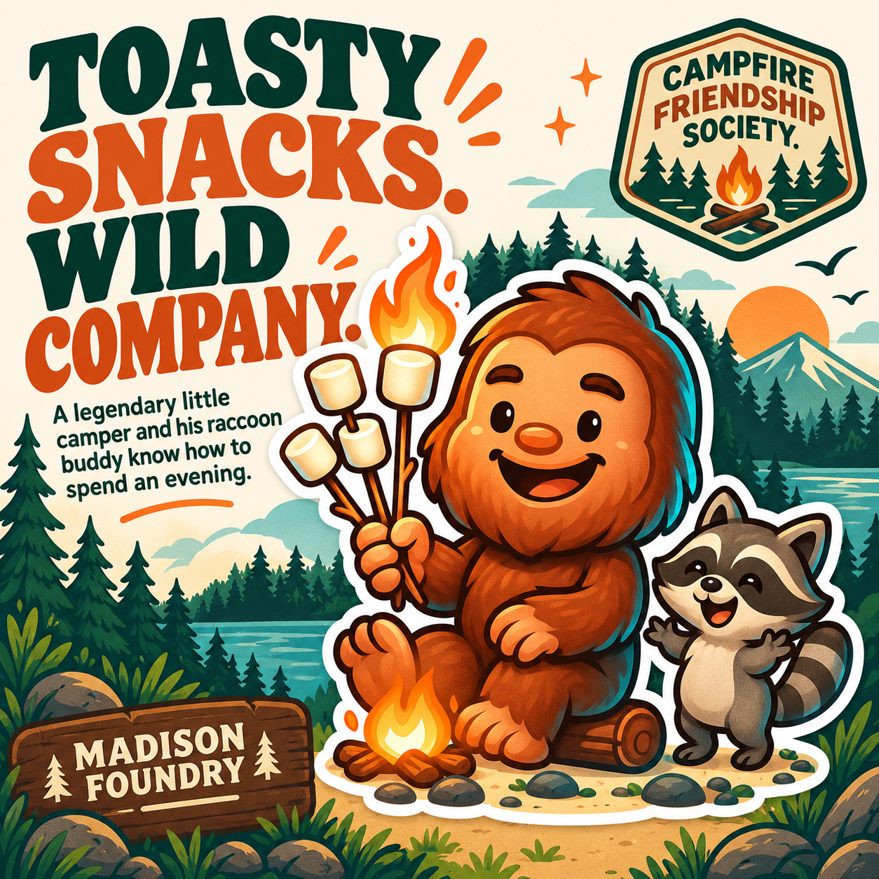 Bigfoot & Raccoon Campfire vinyl sticker — personality slide