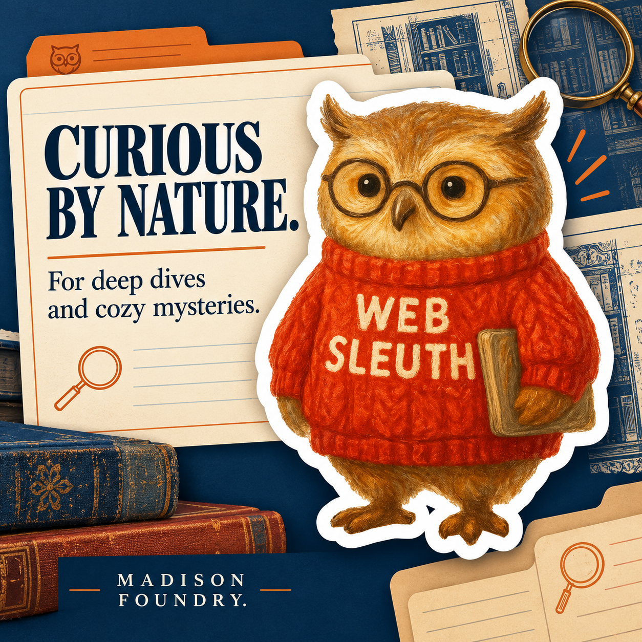 Curious by Nature design spotlight featuring the Web Sleuth owl with books, cream case files and ink blue accents.