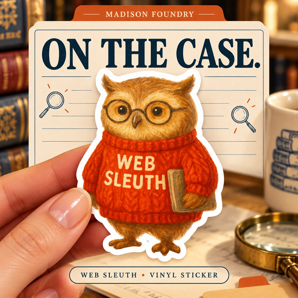 Hand-held Web Sleuth owl vinyl sticker with orange sweater, glasses and book in a cozy mystery case-file setting.