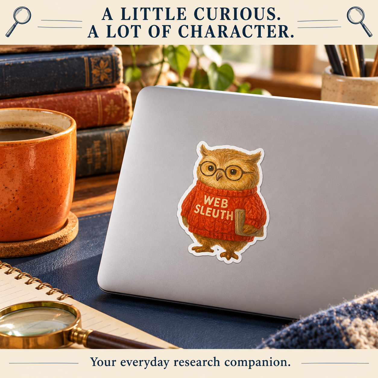 Web Sleuth owl sticker on a silver laptop beside books, coffee and a magnifying glass on a blue desk mat.