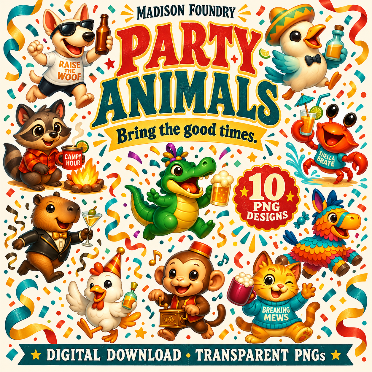 Party Animals ten-piece digital PNG bundle