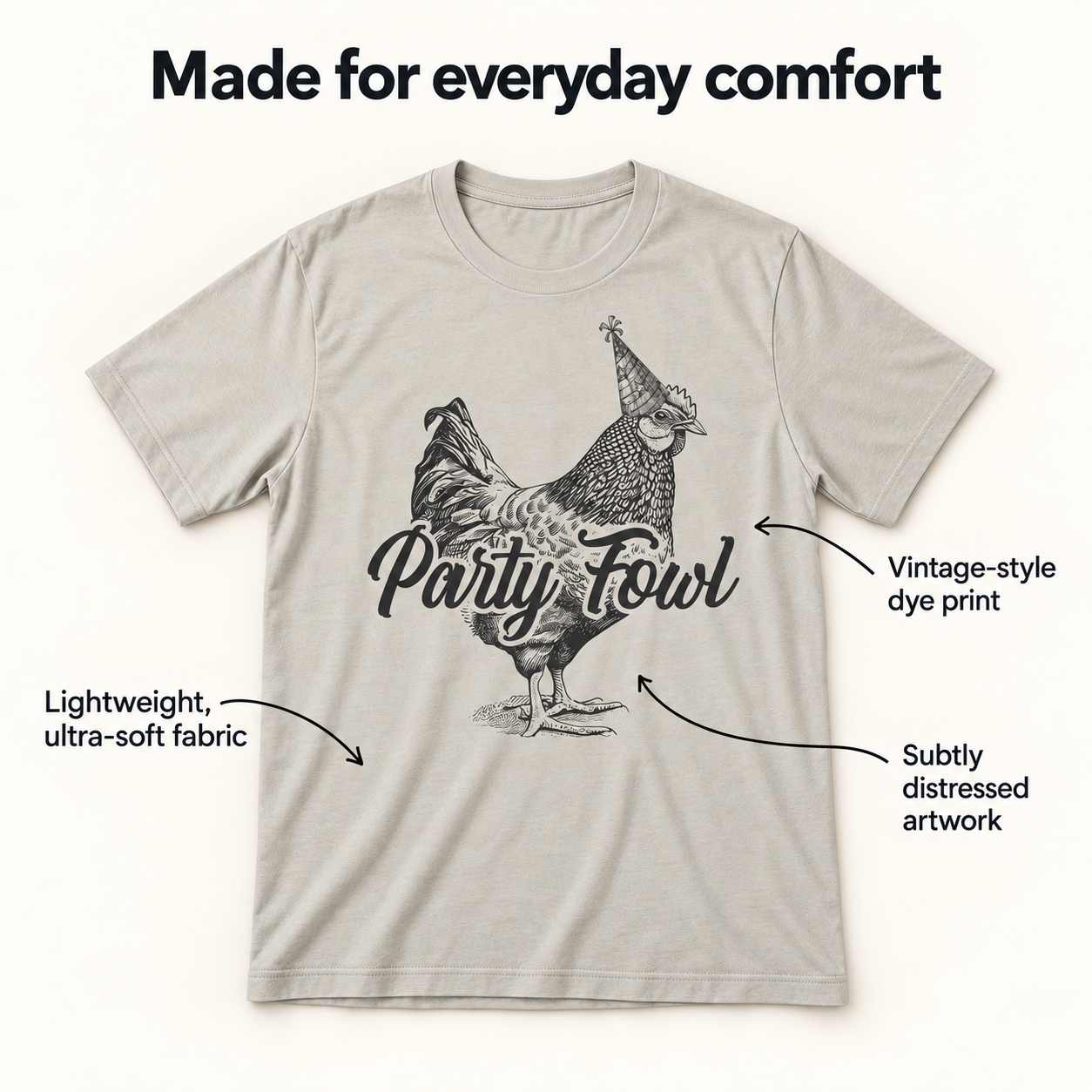 Party Fowl tri-blend tee details