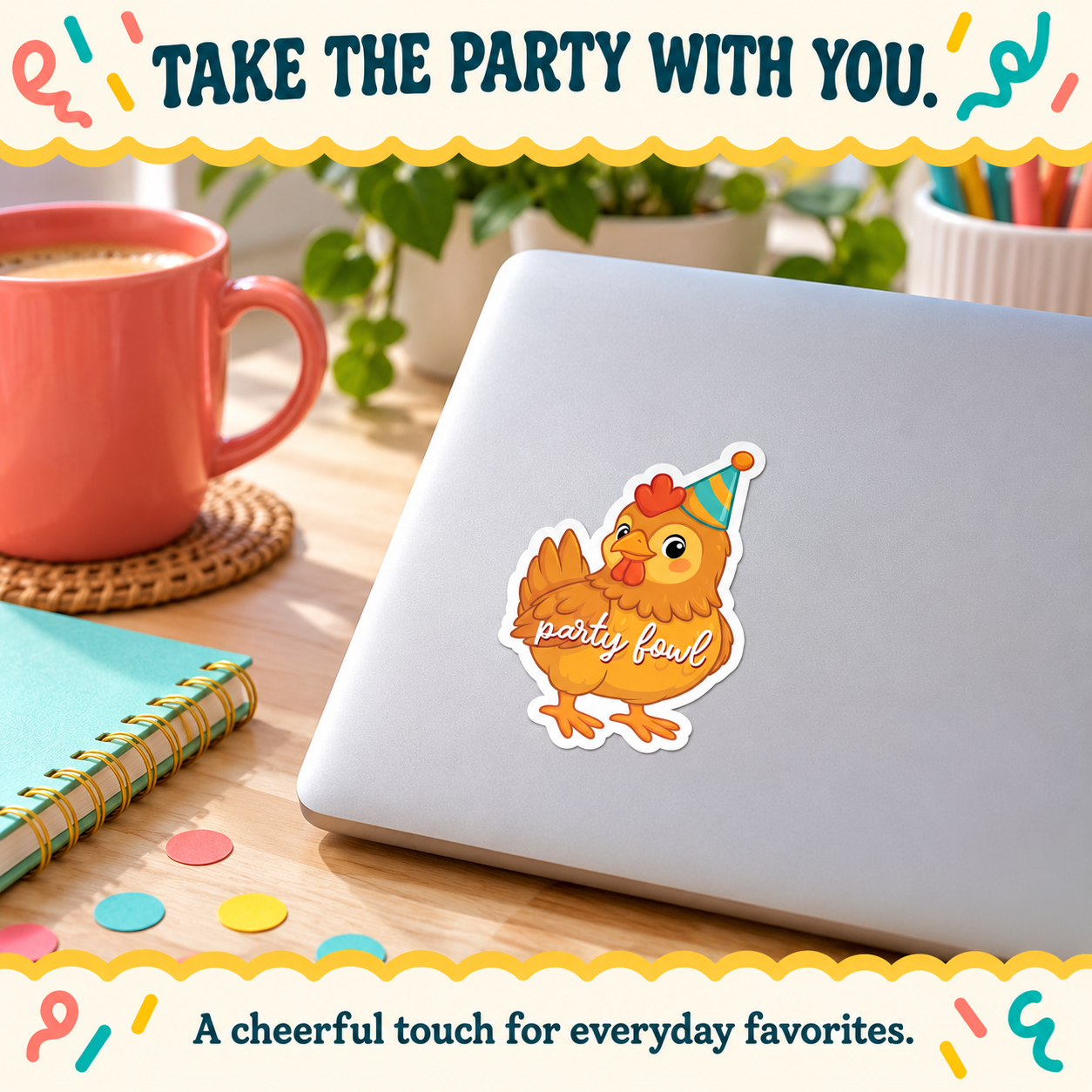 Party Fowl chicken vinyl sticker on silver laptop beside coral mug, aqua notebook and party confetti.